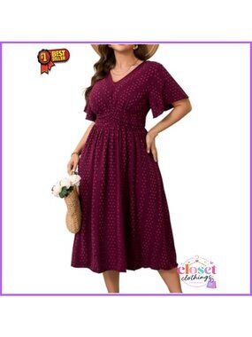 Plus Size Swiss Dot Maxi Dress V Neck Short Sleeve A-Line Swing Summer
